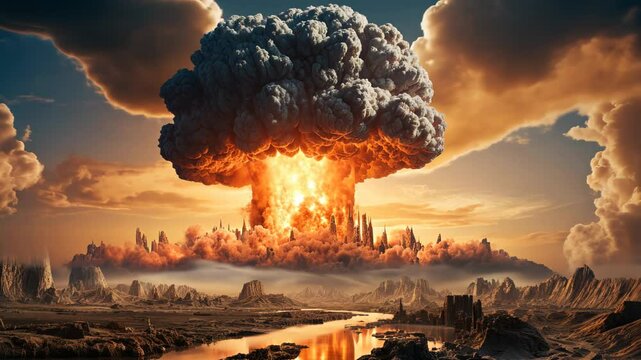 A massive nuclear explosion creates a mushroom cloud over rugged terrain, dramatic and intense atmosphere