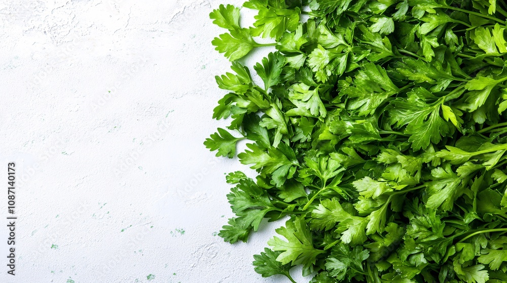 Poster Isolated on white background flat-leaf parsley arranged in a loose cluster highlighting its fresh green hues and side empty space for text Stockphoto style