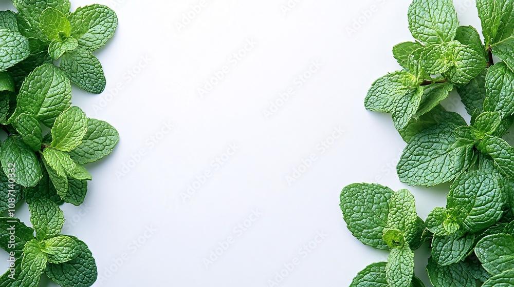 Poster isolated on white background mint leaves with serrated edges fanned out in a natural presentation an