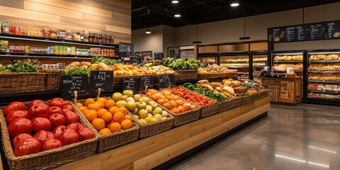 Obraz premium A vibrant and diverse display of fresh fruits and vegetables in a modern grocery store, showcasing an abundance of healthy produce options on well-organized shelves