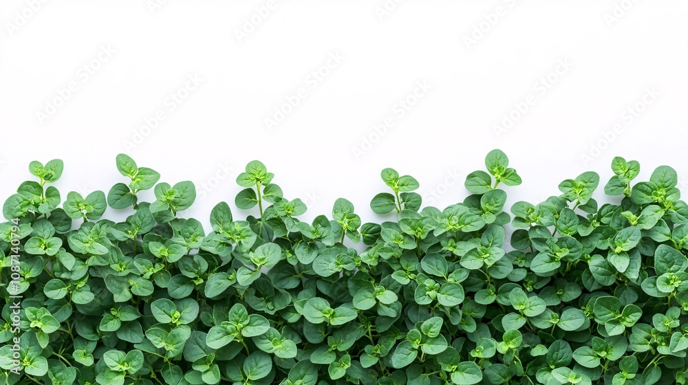 Poster Isolated on white background oregano sprigs with tiny oval leaves arranged neatly to emphasize freshness and side empty space for text Stockphoto style