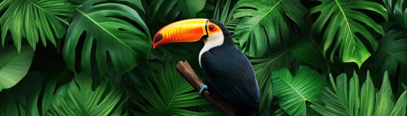 Naklejka premium Lush tropical scene featuring a bright toucan perched on a vibrant green branch amidst abundant foliage.