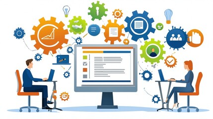 Business Teamwork and Cooperation with Gears and Icons.