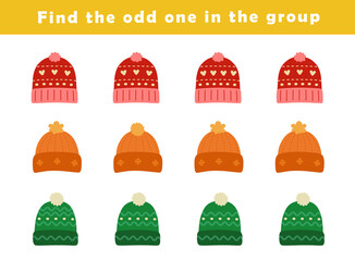 Find the odd one out for toddlers. Spot the difference for kids. Educational quiz worksheet with cute beanie hat illustration. Logical activity for children. Winter activity sheet.	