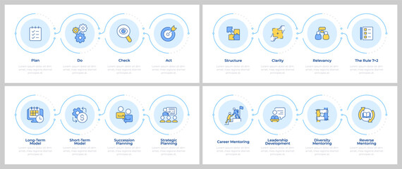 Employee mentorship infographics set. Strategy planning, goal setting. Flow charts infocharts with steps. Editable vector info graphics icons collection. Montserrat-SemiBold, Regular fonts used