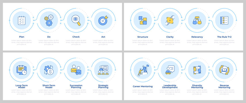 Employee mentorship infographics set. Strategy planning, goal setting. Flow charts infocharts with steps. Editable vector info graphics icons collection. Montserrat-SemiBold, Regular fonts used
