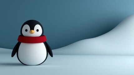 Obraz premium A penguin wearing a red scarf stands on a snowy hill