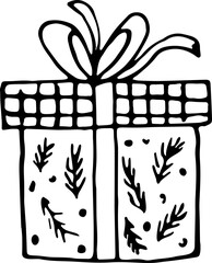 Gift box for holiday, birthday, event. Vector outline, handmade. For website design, printout, notification, greeting card.