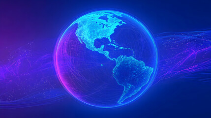 Obraz premium 3D Digital Rendering of Earth with Glowing Blue and Purple Lines, Depicting Global Connectivity and Technological Advancement
