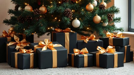 wrapped black christmas gift parcels with orange ribbons with a blurred background of a christmas tree and lights