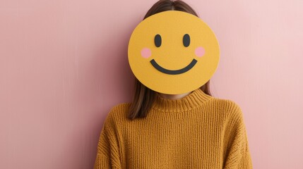 A smiling figure with a yellow smiley face covers their head, standing against a soft pink wall while wearing a cozy, knitted sweater.