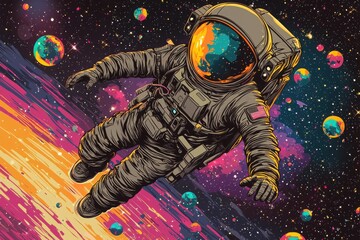 Astronaut riding cosmic wave through multicolored space bubbles in a vibrant universe