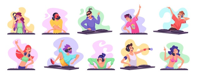 Fototapeta premium Dj characters. Active musicians in night club party mixing music on stage exact vector illustrations set