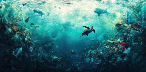 Fototapeta premium A Sea Turtle Swims Through a Sea of Plastic Waste