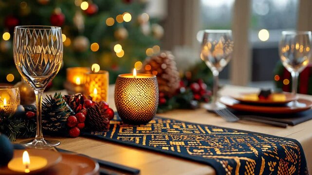 Geometric patterns on a festive table runner, with sharp, angular shapes creating a modern holiday look. . 4K Video