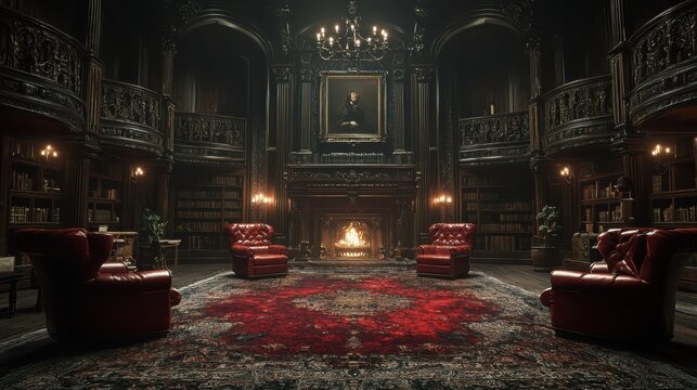 Customizable ing of a cozy library scene elegant interior visualization warm lighting inviting ambiance