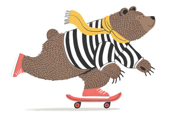 A bear, seemingly in motion, riding a red skateboard. The bear is wearing a striped black and white shirt and a bright yellow scarf