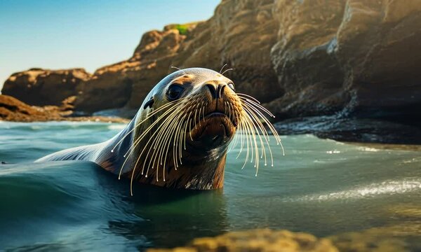 Exploring the serene coastline with a curious sea lion swimming playfully in clear waters at sunset near a rugged rock formation