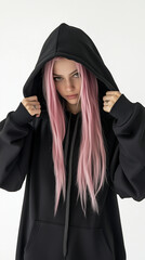 A portrait of a beautiful girl with pink hair, wearing a black hoodie