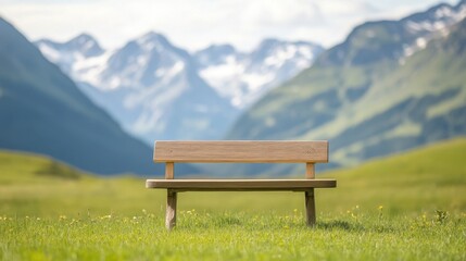 Fototapeta premium A wooden bench stands in a lush green valley surrounded by majestic mountains during a clear daytime