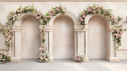 Elegant floral archways adorned with pink and white flowers in a serene indoor setting for a wedding or event decor
