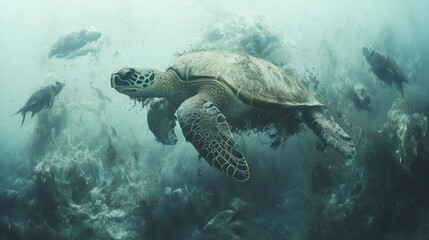 Obraz premium A Green Sea Turtle Swimming Through Murky Waters