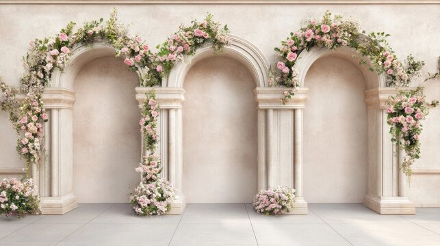Elegant floral archways adorned with pink and white flowers in a serene indoor setting for a wedding or event decor