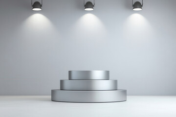 Minimalist silver podium with tiered design and spotlight illumination, perfect for showcasing...