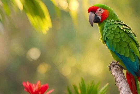 A Pacific Parrotlet perched on a sunlit branch, its vibrant green feathers shimmering like emeralds. The bird's tiny eyes sparkle with mischief, surrounded by lush tropical foliage. Nearby, colorful 