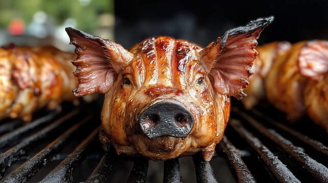 Whole roasted lechon pig on grill with crispy skin