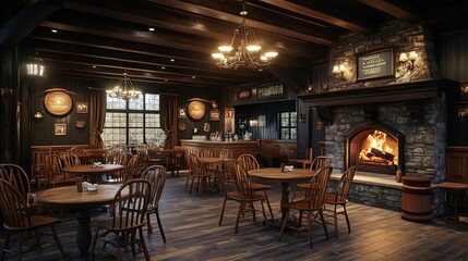 A Cozy Pub Interior with a Stone Fireplace and Wooden Tables