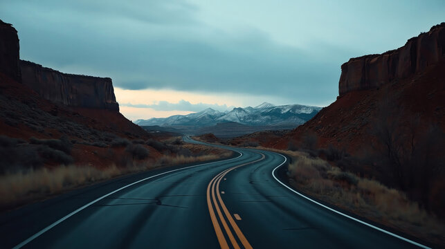 Winding road through a desert landscape with red rock formations and distant snow-capped mountains under a cloudy sky.