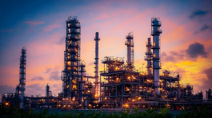 Fototapeta premium A Photo of a Large Industrial Complex at Sunset, Capturing the Tall Towers and Interconnected Pipes of the Refinery, Set Against a Backdrop of Colorful Clouds.