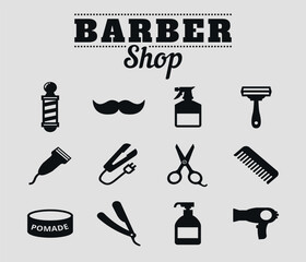 Set of black silhouettes of barber tools with barbershop logo. Vector on a gray background