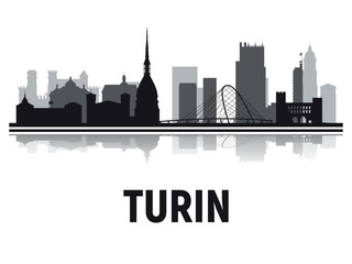 Naklejka premium Black and white silhouettes of the towers of the city Turin with the reflection in the water. Vector on gray background