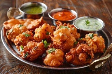 Fototapeta premium A Vibrant Platter of Indian Pakoras with Flavorful Dipping Sauces for a Delicious Snack or Appetizer Experience