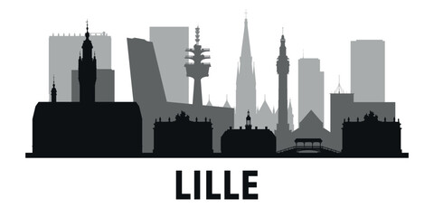 Fototapeta premium Black and white silhouettes of the towers of the city Lille. Vector on gray background