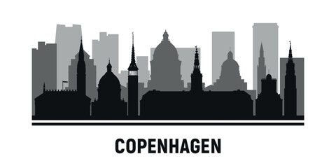 Obraz premium Black and white silhouettes of Copenhagen city skyline. Vector on gray background