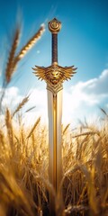 Ornate sword with lion emblem standing in golden wheat under a sunny sky