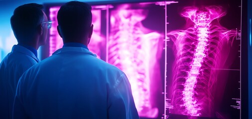 Doctors analyzing glowing X-ray images.