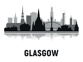 Fototapeta premium Black and white silhouettes of the towers of the city skyline in Glasgow with reflection in the water. Vector on gray background