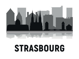 Black and white silhouettes of the Strasbourg skyline. Vector on a gray background