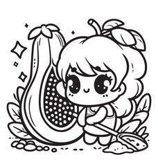 Coloring page design girl picking papaya seeds