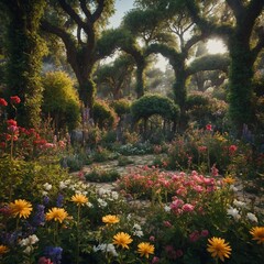 Obraz premium A garden with flowers as tall as trees in a fantasy landscape.
