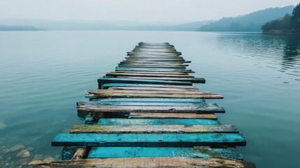 Fototapeta premium Loneliness and Its Link to Sadness. A weathered wooden pier extends into a calm, misty lake, surrounded by hills, creating a serene and tranquil atmosphere.