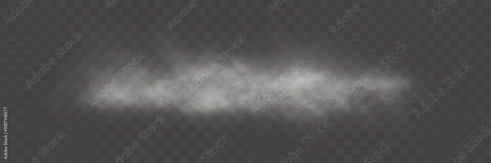 Poster  A thin layer of gray smoke with scattered glowing particles on a transparent background, creating a misty or atmospheric haze effect.