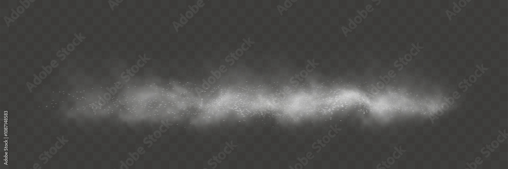 Poster  A thin layer of gray smoke with scattered glowing particles on a transparent background, creating a misty or atmospheric haze effect.