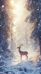 Photography of a deer in the winter forest. 