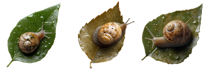 Snails resting on vibrant green leaves with raindrops