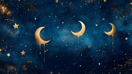 Naklejka premium A painting of three crescent moons and stars in the night sky. The stars are scattered throughout the painting, with some closer to the foreground and others further away
